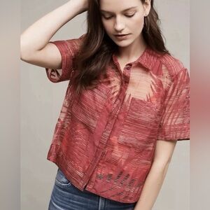Anthropologie Maeve Sheer Textured Crop Button up Short Sleeve Size 4